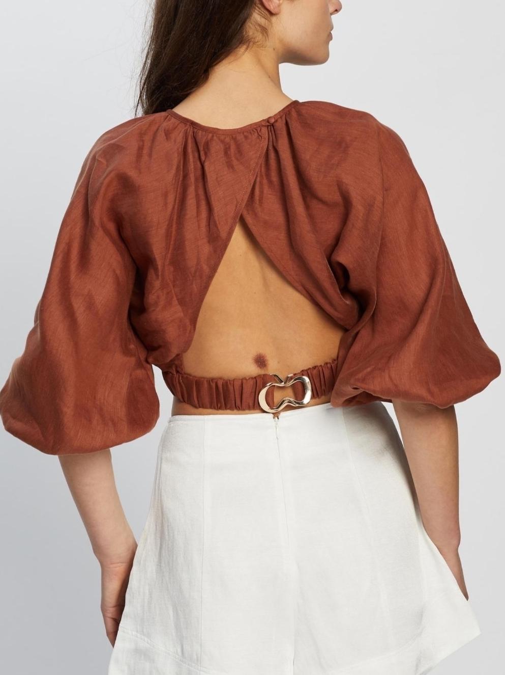 Shona Joy Elsa Balloon Sleeve Crop Top Brown Size 12 photo 3