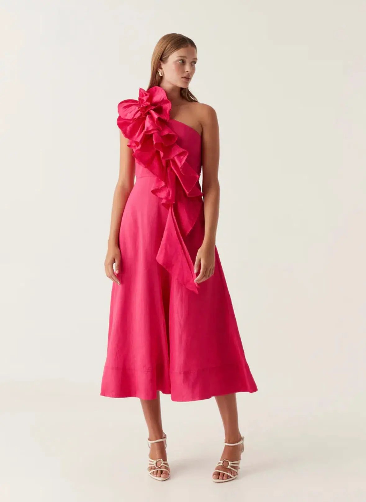 Aje Adelia Ruffle Midi Dress Bougainvillea Red Size 10 photo 2
