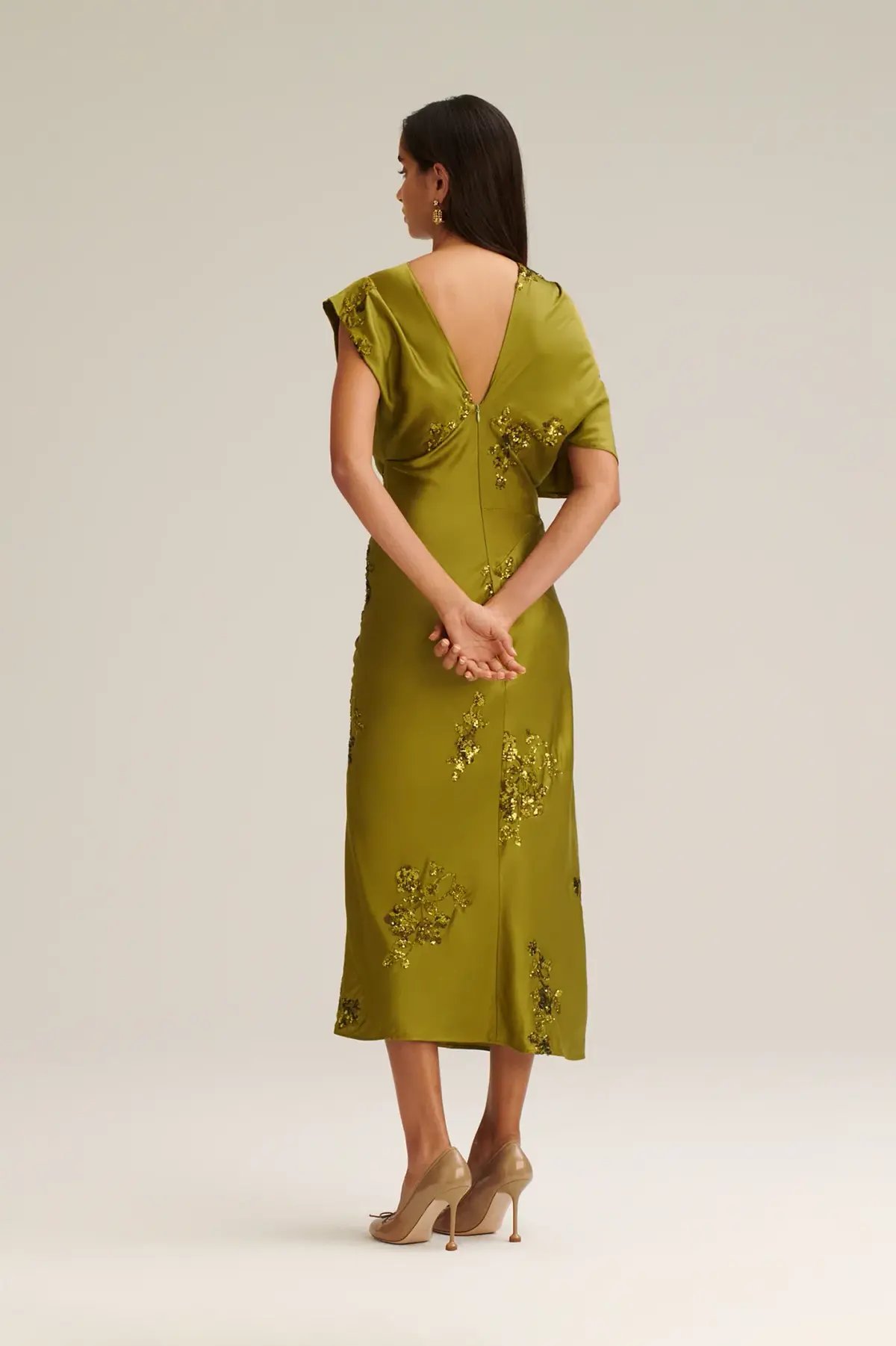 Scanlan Theodare Beaded Satin Draped Dress in Green Size 10 photo 2