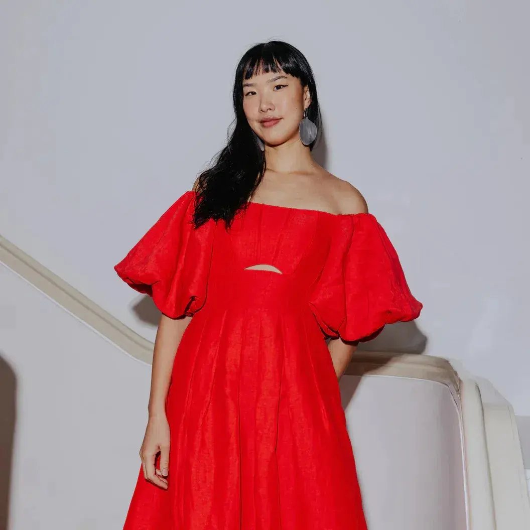 Aje Eugenie Off Shoulder Midi Dress Scarlet Red Size 12 photo 3