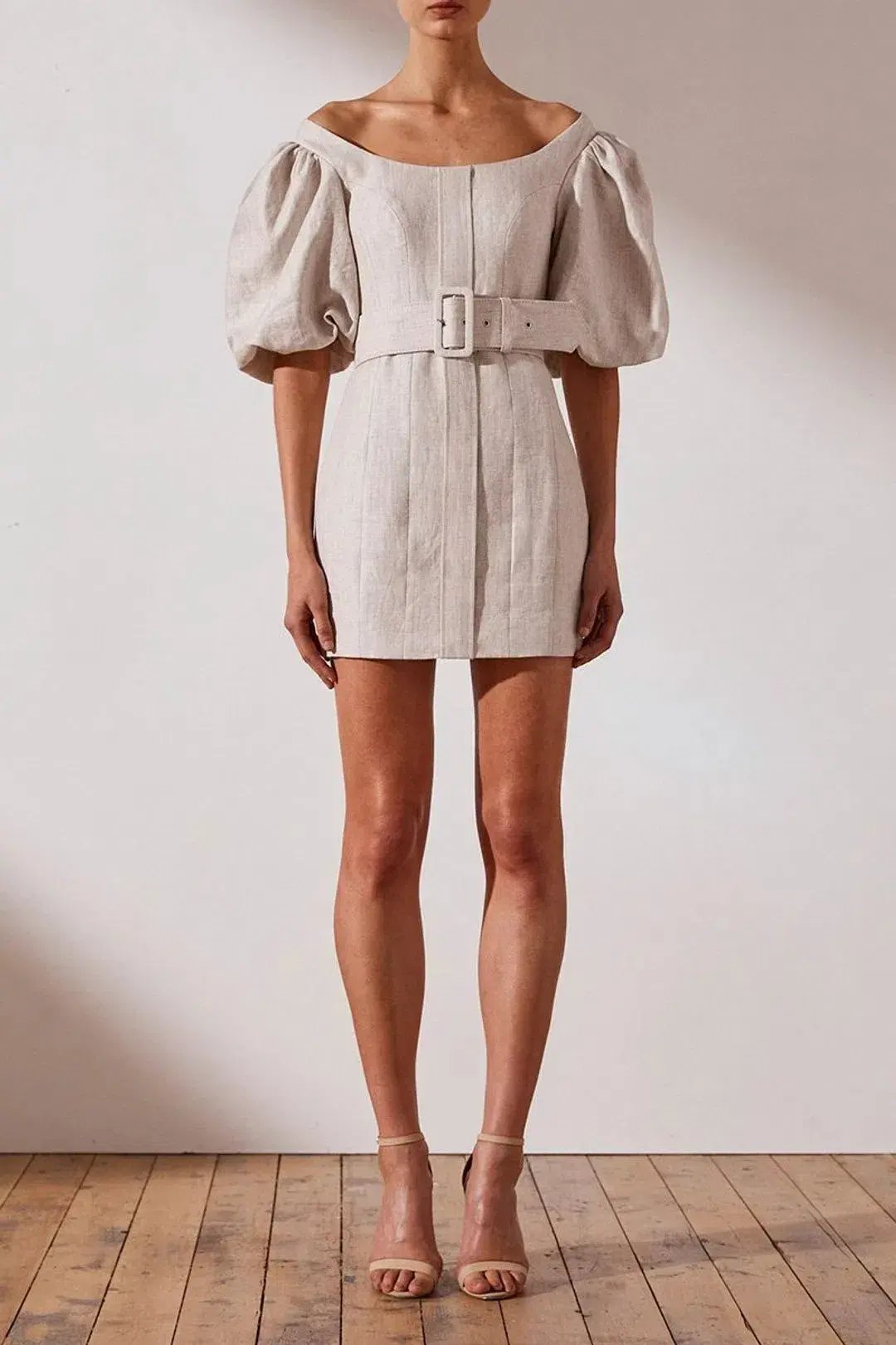 Shona Joy Hamilton Off The Shoulder Fitted Mini Dress Natural Stone Size 10 photo 2