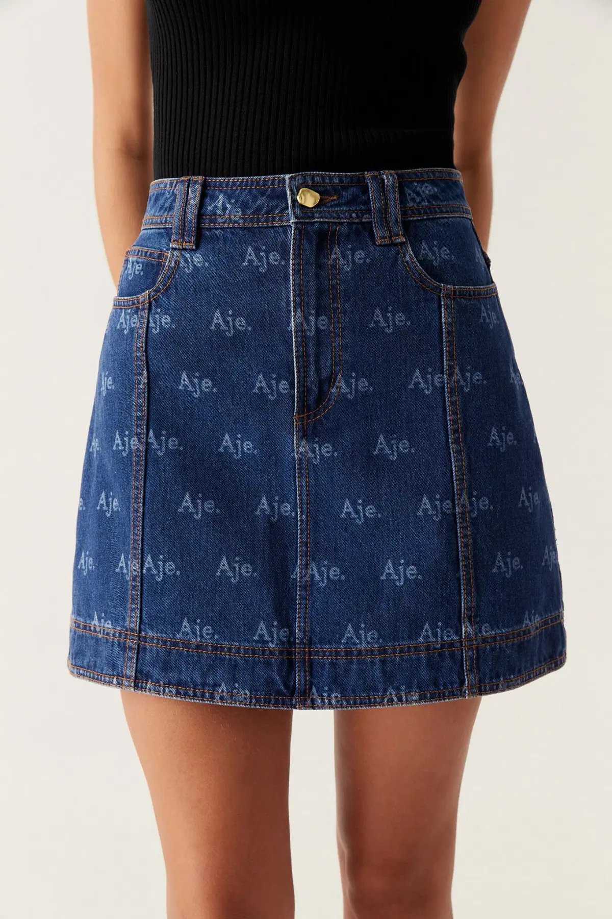 Aje Ratio Logo Denim Shirt and Mini Skirt Set Logo Wash Blue Size 16 photo 3