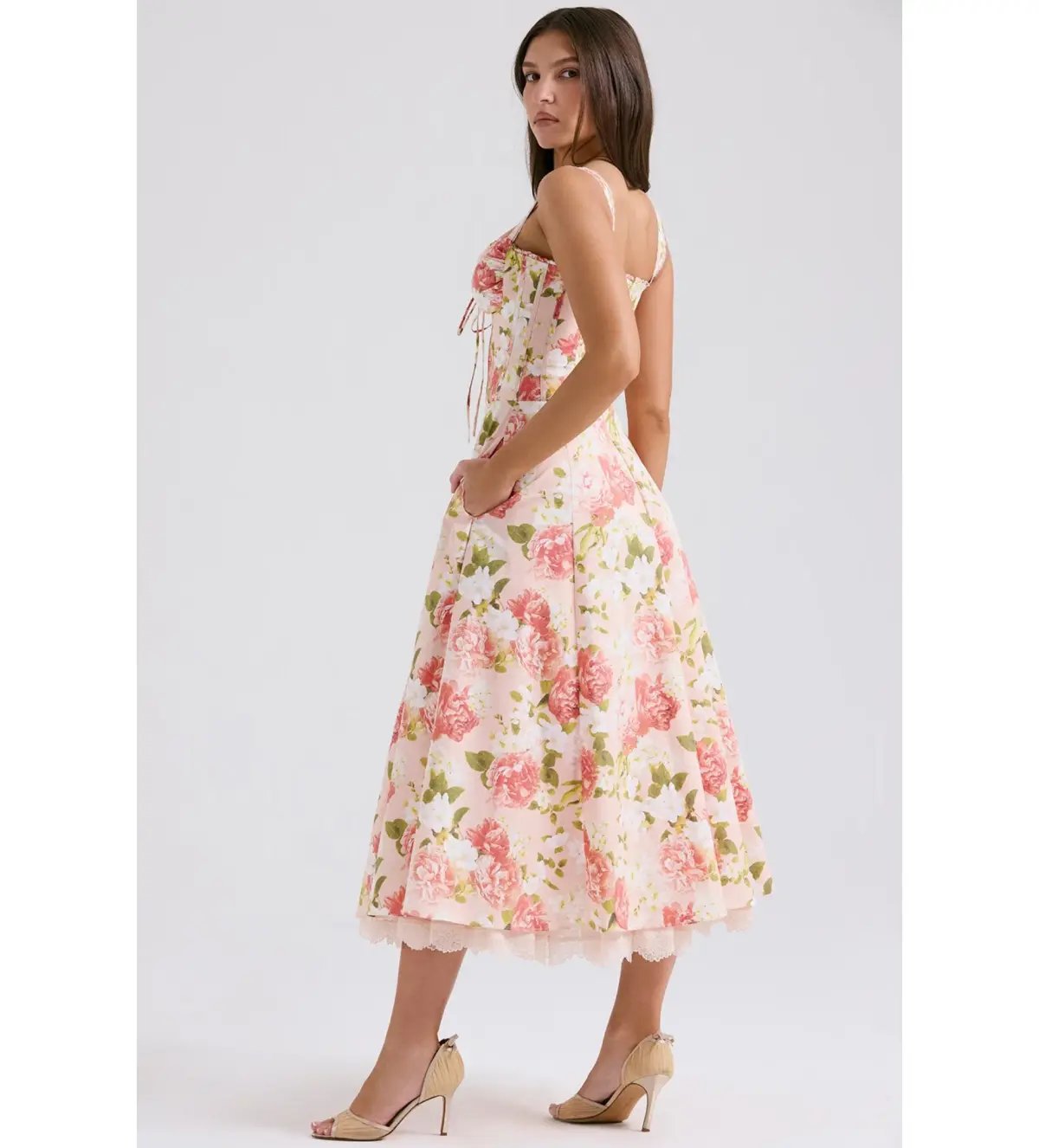 House of CB Rosalee Cotton Bustier Midi Sundress Pink Peony Print Size AU 8 photo 3