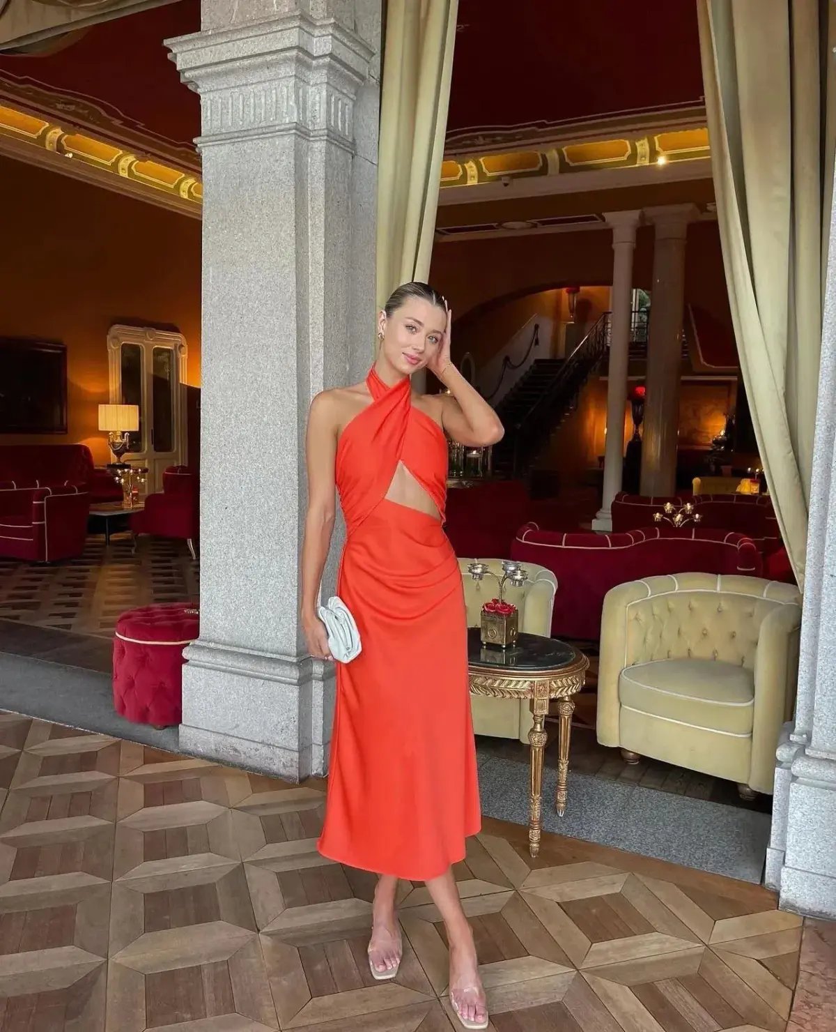 Misha Linnea Satin Midi Dress Orange Size 8 photo 4