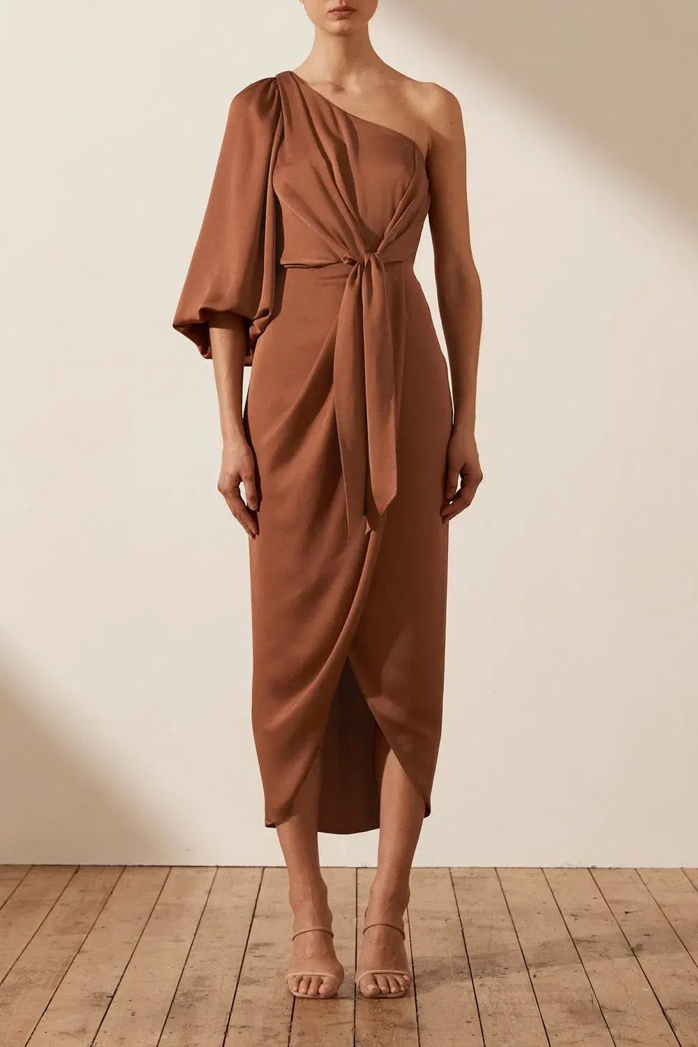 Shona Joy Luxe Tie Front One Shoulder Midi Dress in Mocha Size XS / AU 6 photo 2