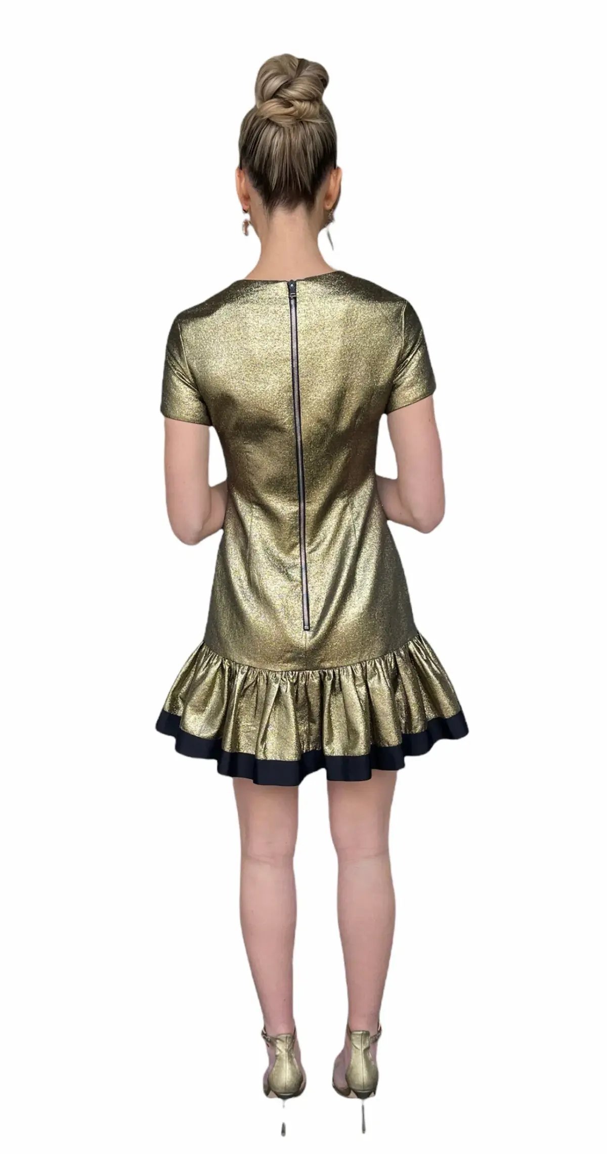 By Johnny Yarn Frill Mini Dress Gold Size 8 photo 2