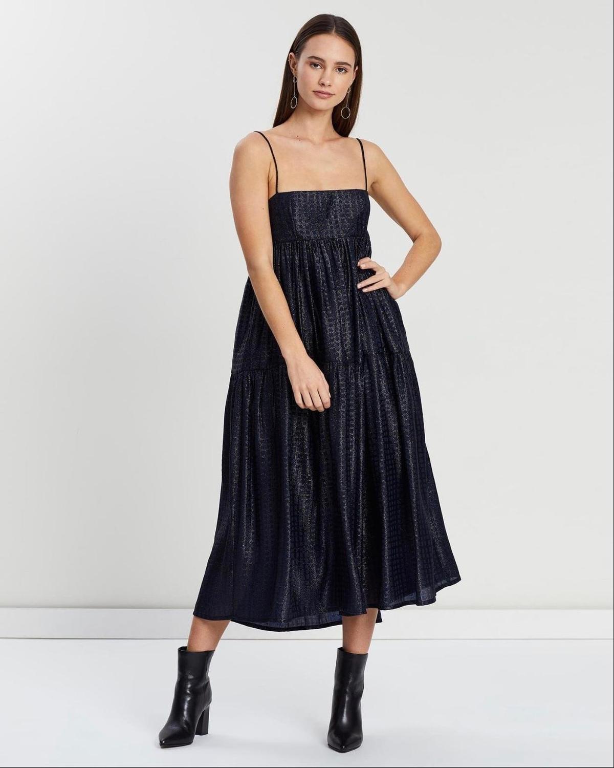 Asilio Metallic Check Dress Navy Size 10 photo 2