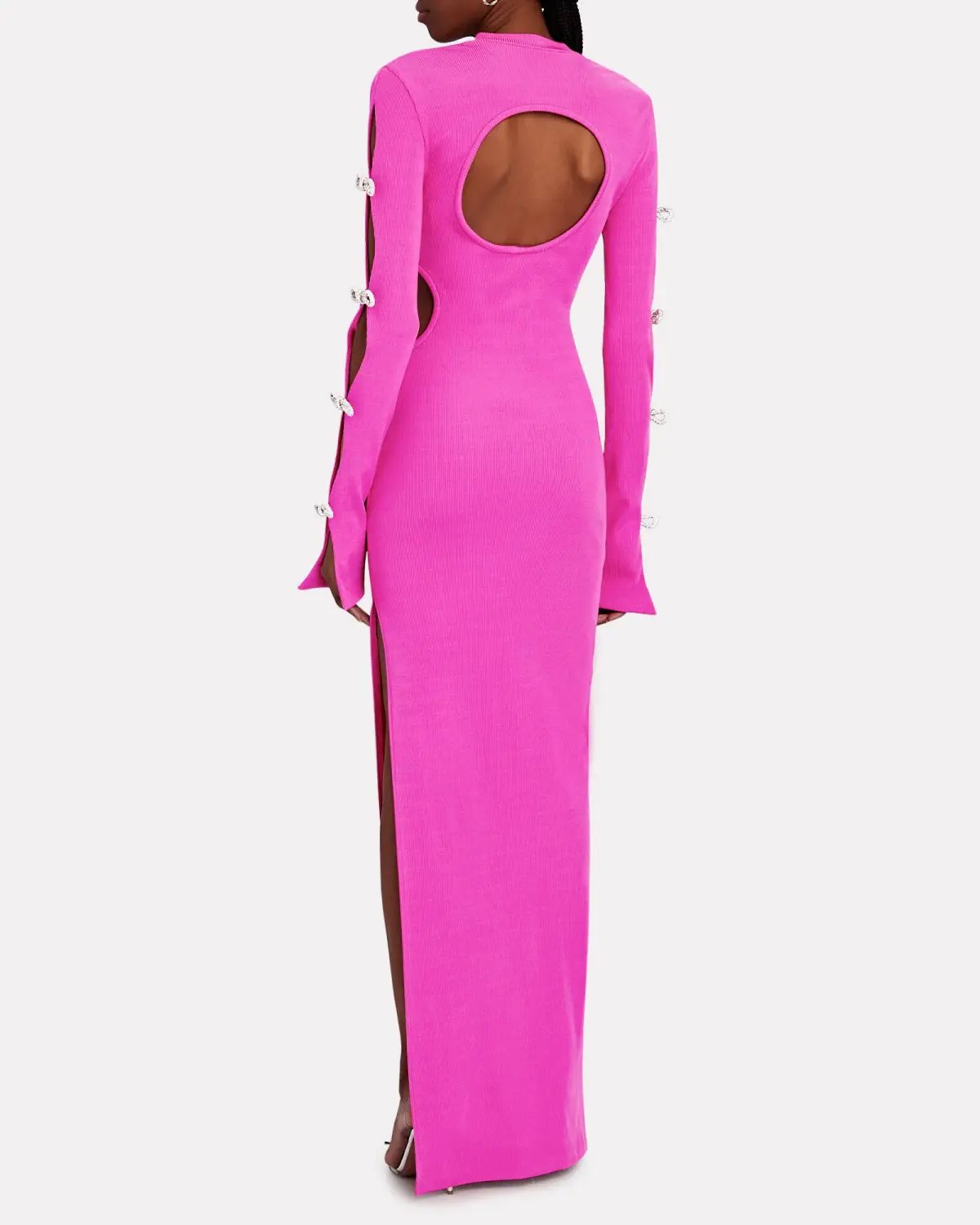 Mach & Mach Stretch Knit Cut Out Crystal Bow Sleeves Maxi Dress Pink Size 8 photo 3
