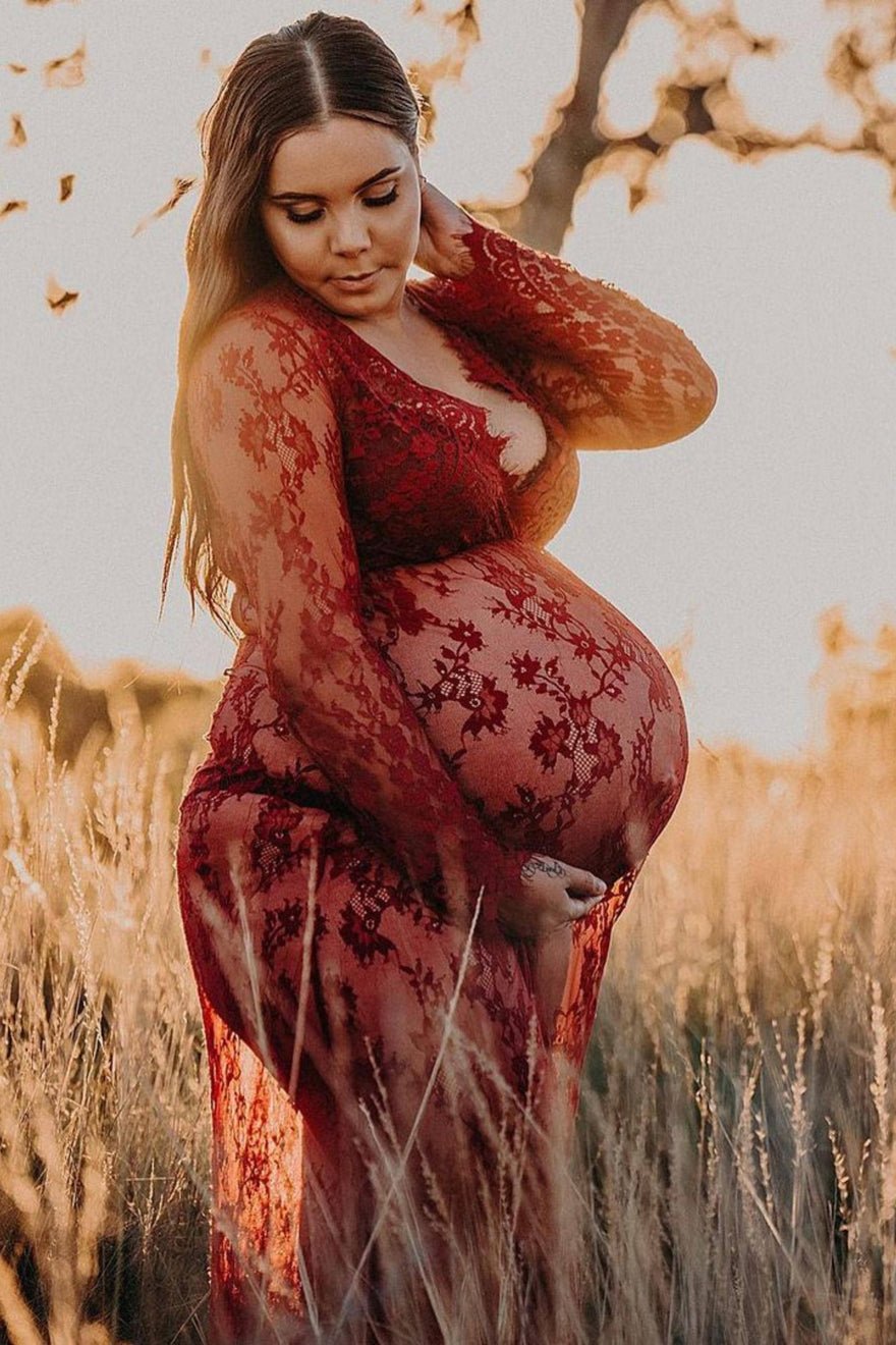Mama Rentals Katherine Sheer Lace Maxi Dress - Burgundy photo 4