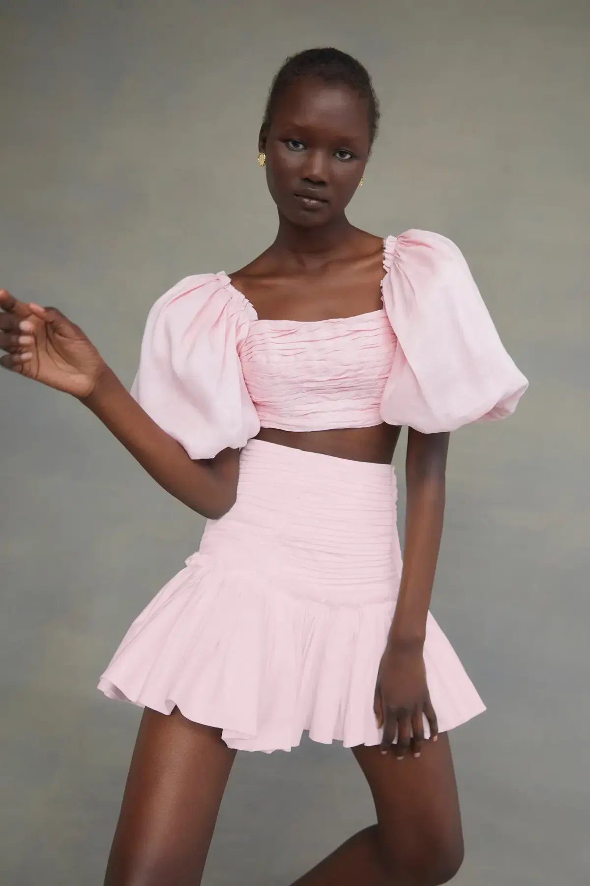 Aje Myriad Puff Sleeve Cropped Top & Tiered Mini Skirt Set Pink Size 4 photo 2