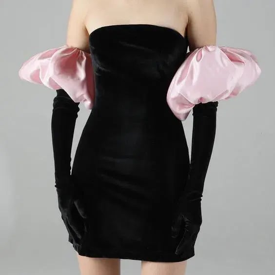 Miscreants Cupid Dress & Gloves Black Velvet with Duchess Satin Baby Pink Puffs Size 8 photo 2