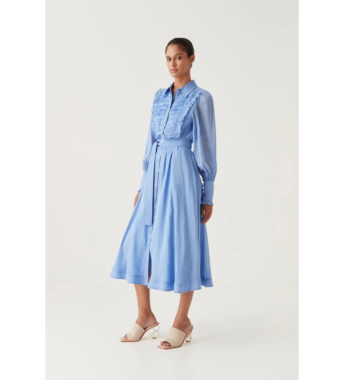 Aje Iris Pleated Bib Midi Dress in Mist Blue Size 10 photo 2