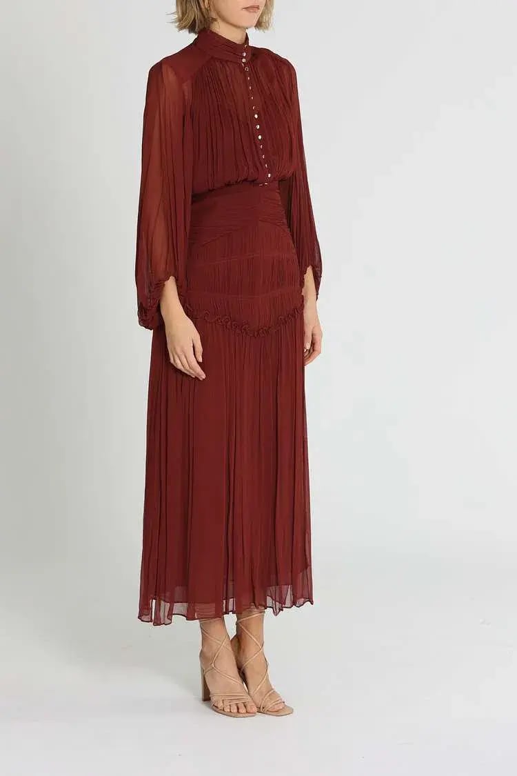 Shona Joy Safira Button Up Ruched Midi Dress Sangria Burgundy Size 6 photo 2