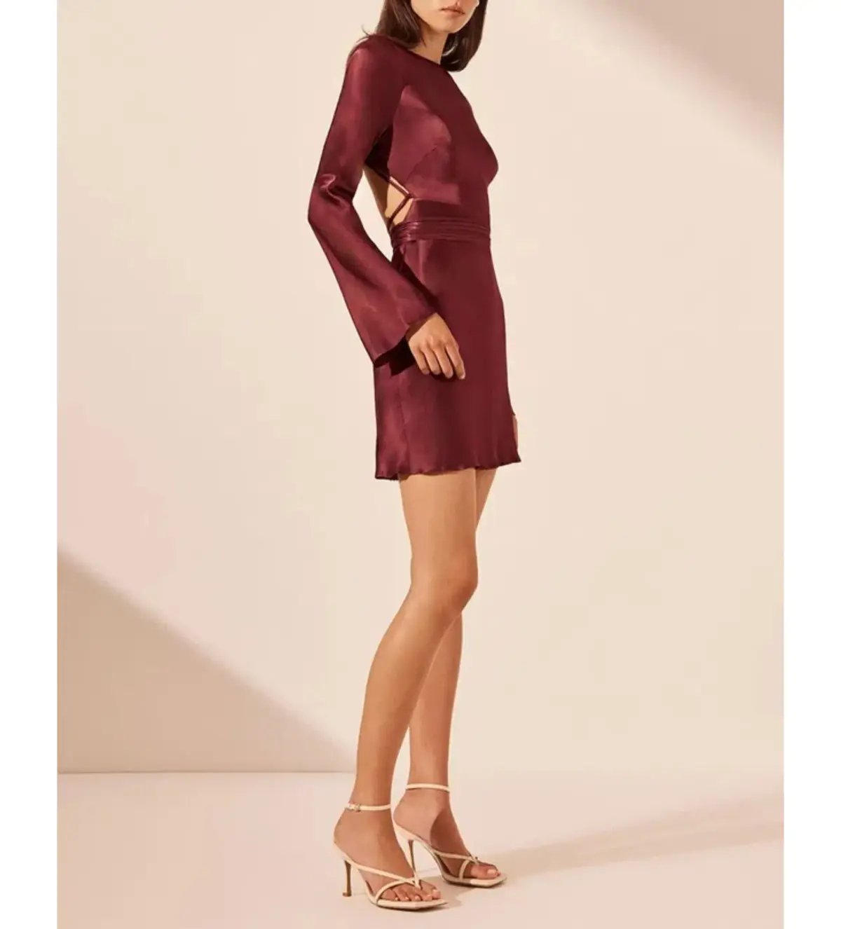Shona Joy Elia Long Sleeve Open Back Tie Mini Dress Burgundy Size 10 photo 3