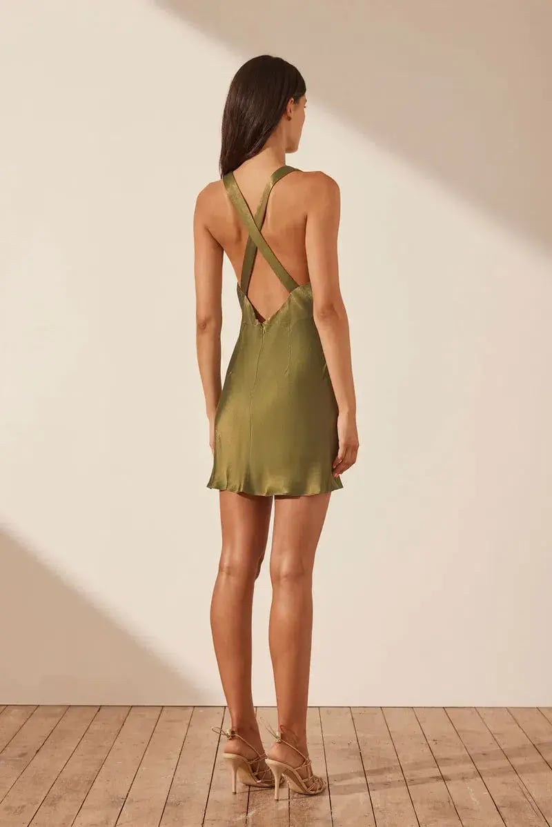 Shona Joy Arienzo Plunged Cross Back Mini Dress Olive Green Size 8 photo 2