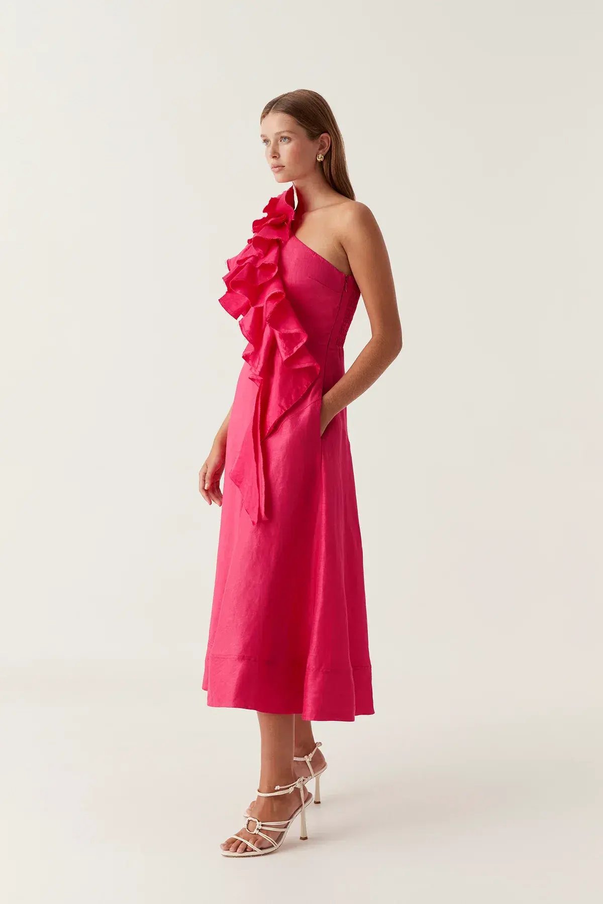 New! Aje Adelia Ruffle Midi Dress in Bougainvillea Red Size AU 6 photo 2