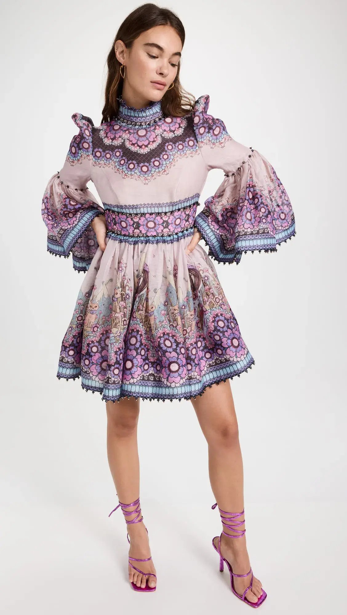 Zimmermann Celestial Bell Sleeve Mini Dress Gemini Zodiac Print Size 1 / Au 10 photo 2