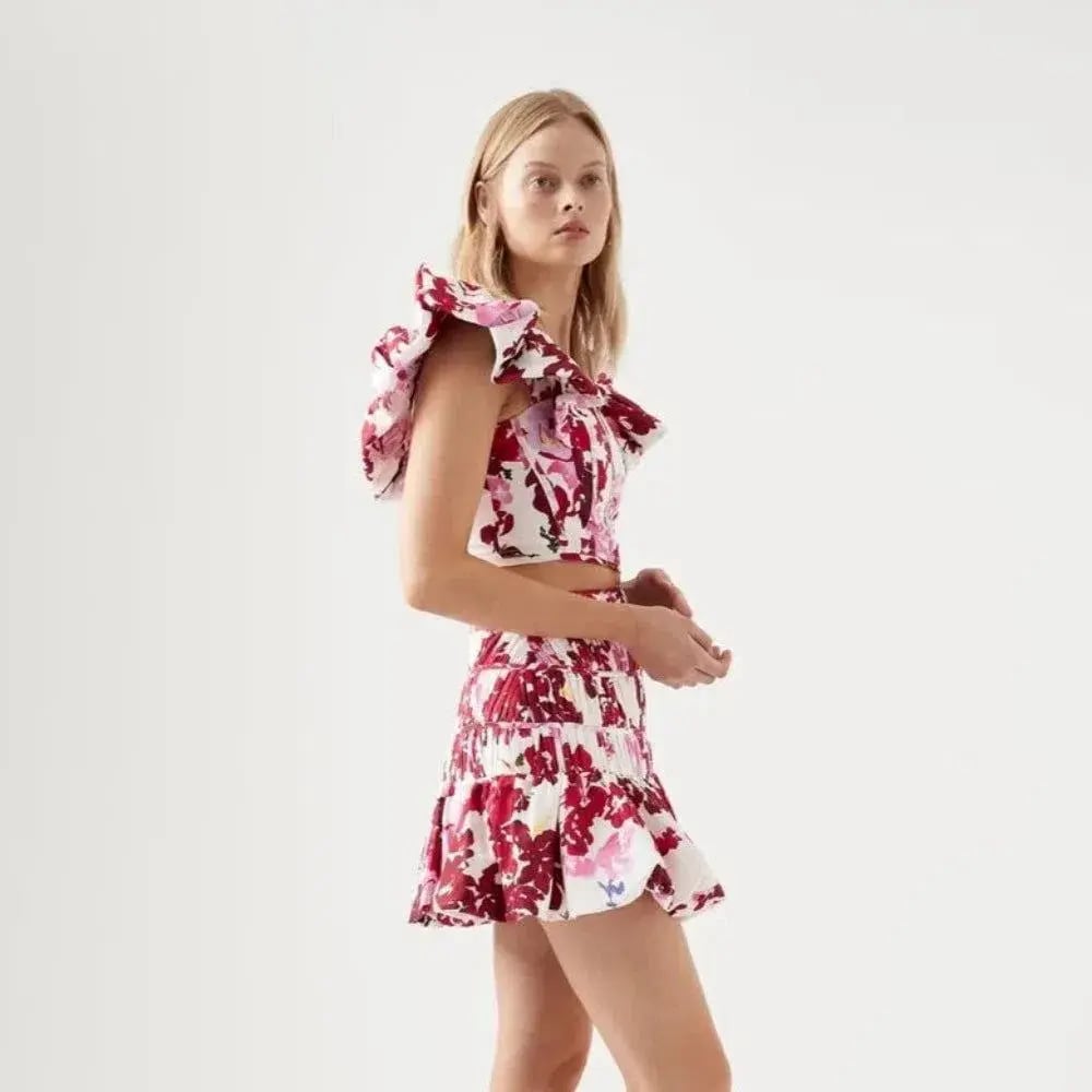 Aje Margot Bubble Frill Top and La Vie Bubble Mini Skirt Set Roses Of Provence Print Size 14 photo 2