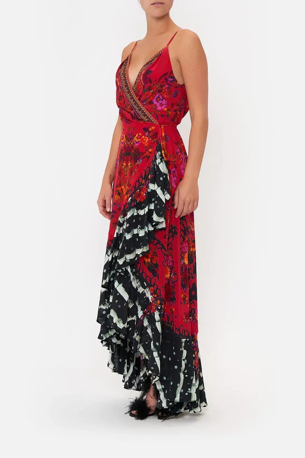 Camilla Draped Front Wrap Dress Red Multi Size 10 photo 2