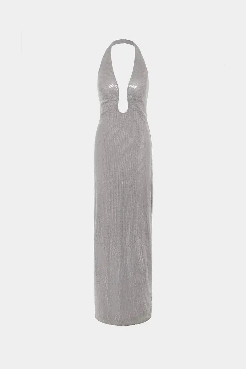 Misha The Alusia Maxi Dress Silver Sequin Size 8 photo 4