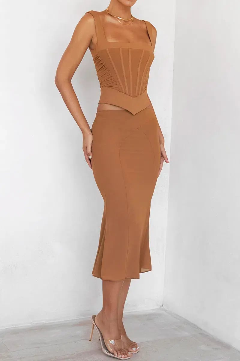 House of CB Mistress Rocks Caramel Gathered Corset & Midi Skirt Set Brown Size XS / AU 6 photo 4