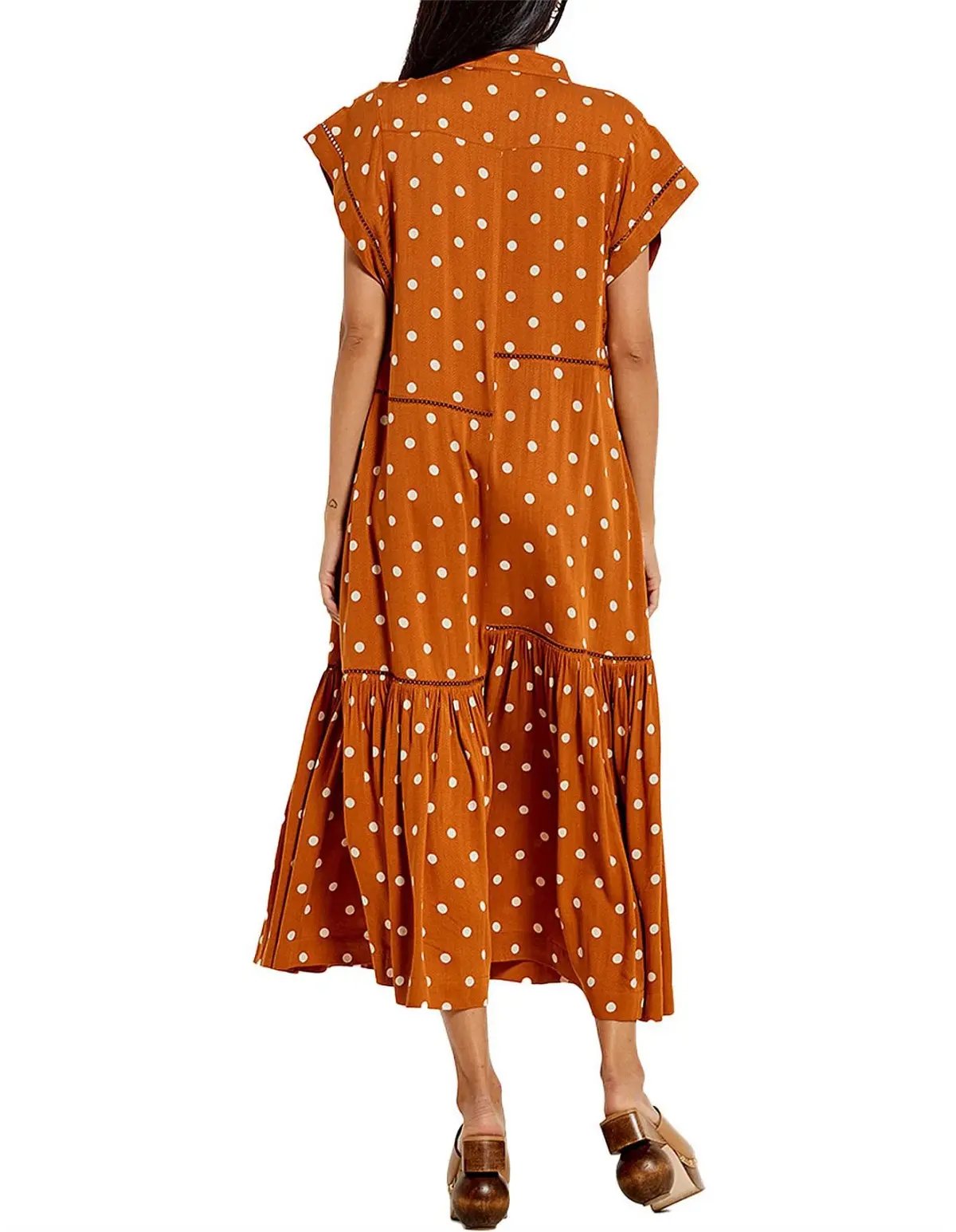 Bohemian Traders Polka Dot Lattice Midi Dress Brown Size 8 photo 4