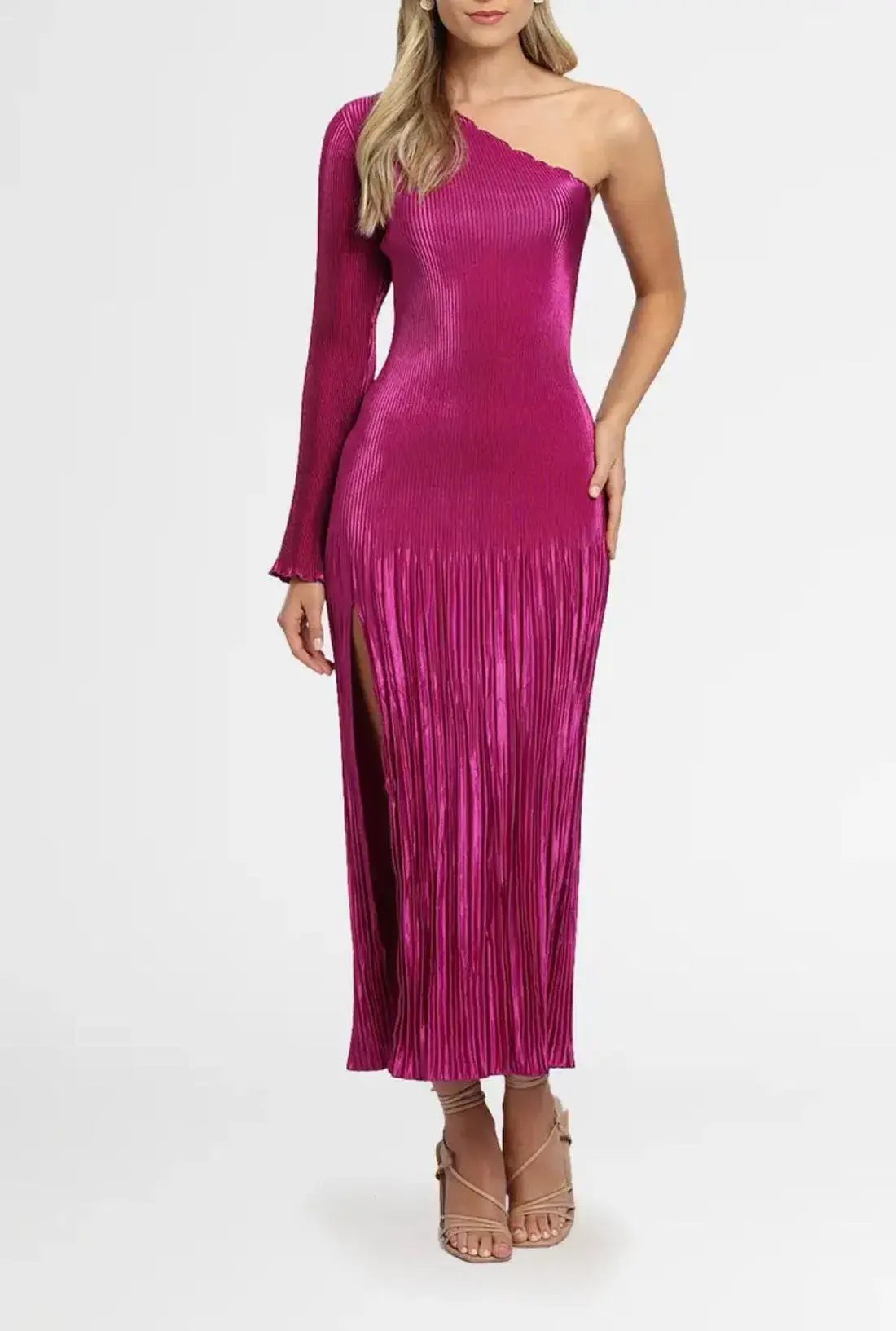 L'idee Soirée One Shoulder Long Sleeve Dress in Magenta Size 8 photo 3