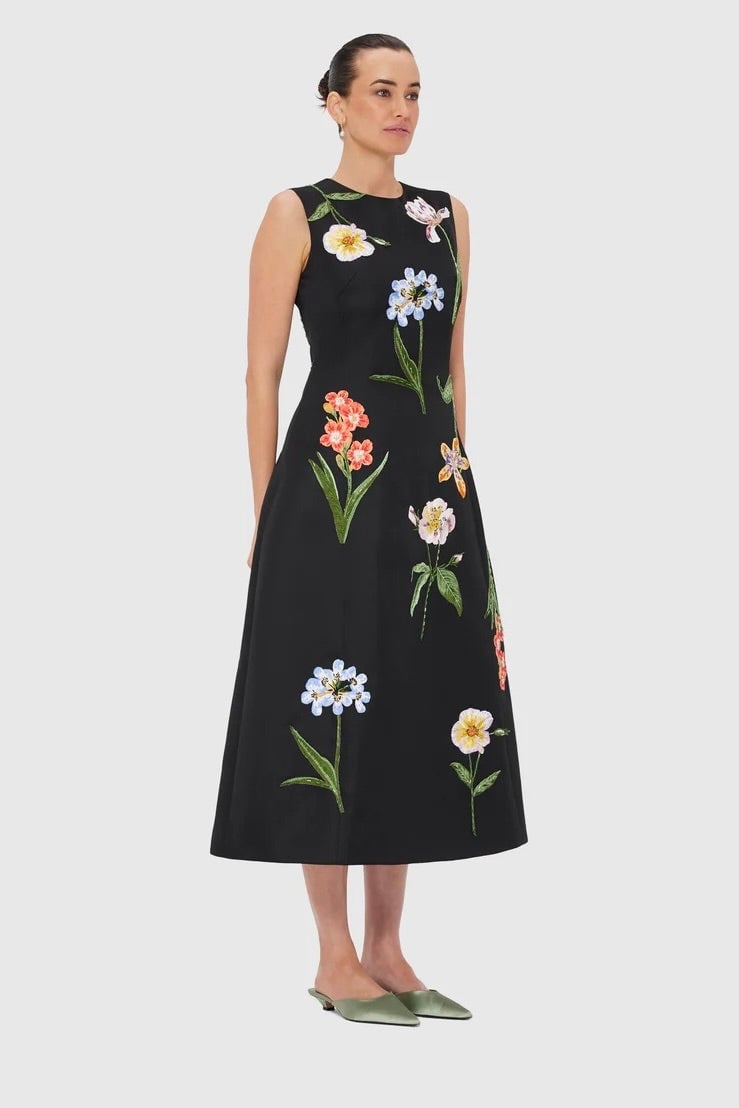 Leo Lin Cleo Embroidery Midi Dress - Botanical Print in Ebony photo 2