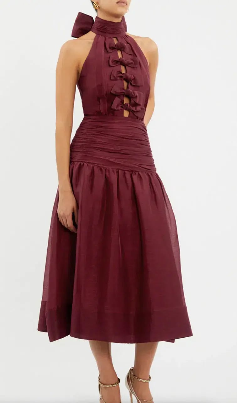 Rebecca Vallance Bordeaux Bow Midi Dress Ox Blood Size 8 photo 2