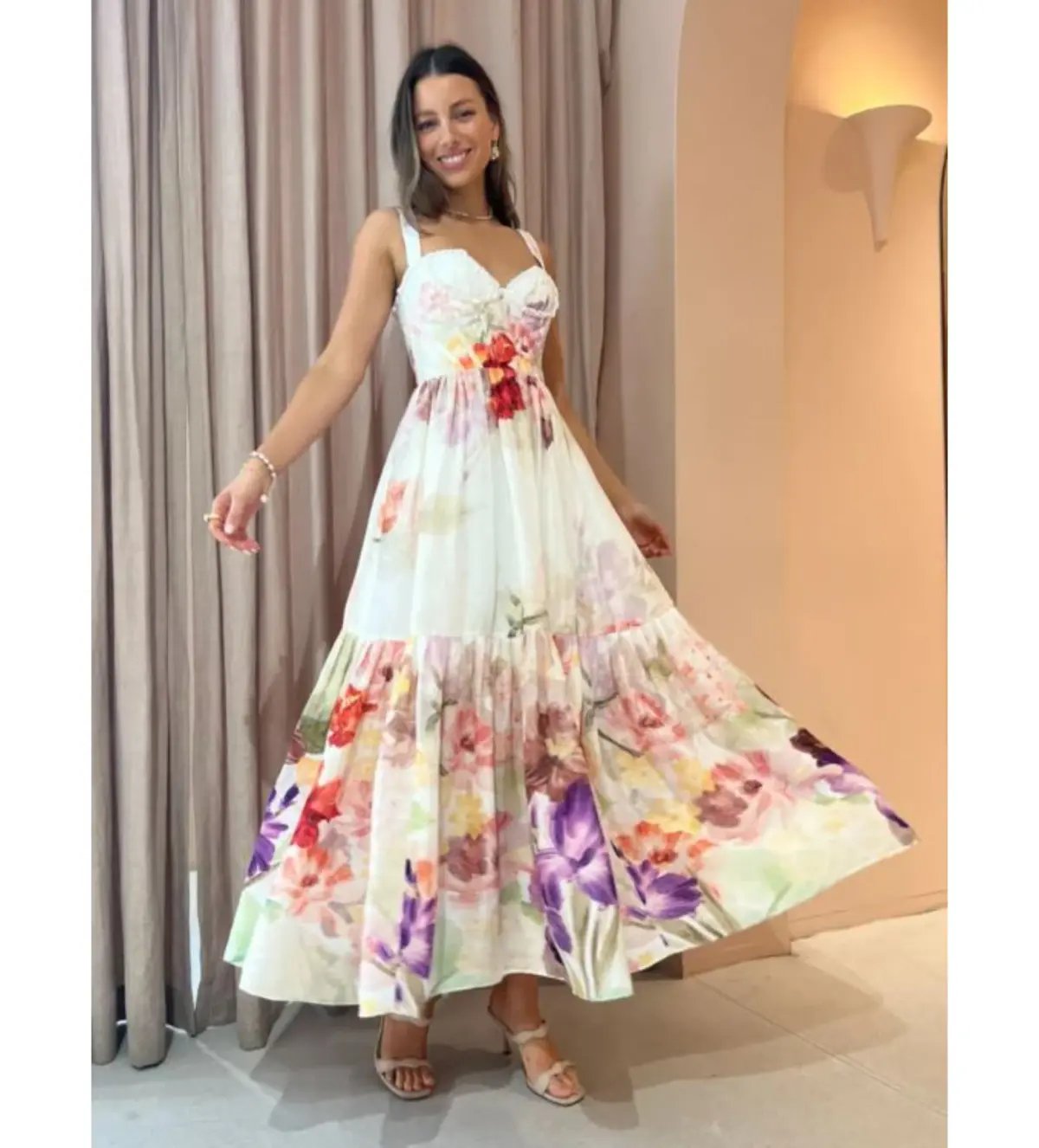 Leo Lin Rose Bustier Midi Dress Cascade Print Size AU 10 photo 3