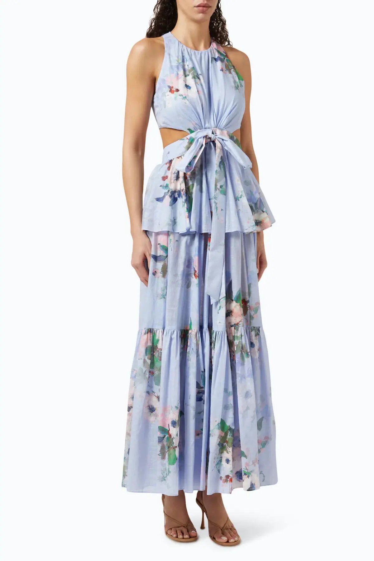 Zimmermann Everley Draped Bow Midi Dress Light Blue Watercolour Floral Size 0 / AU 8 photo 2
