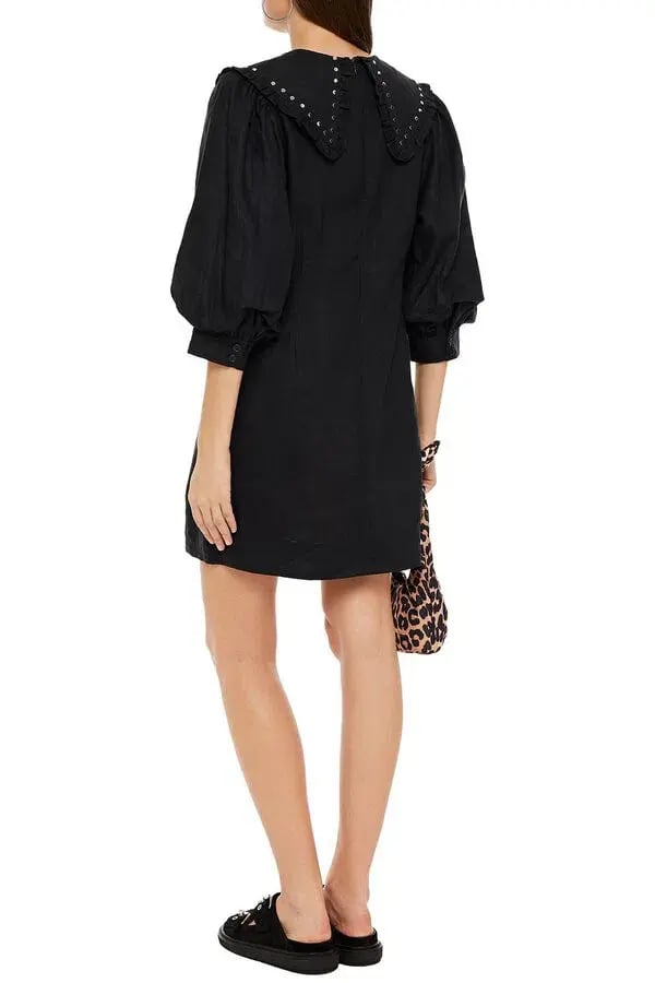Ganni Studded Linen Mini Dress Black Size 8 photo 2