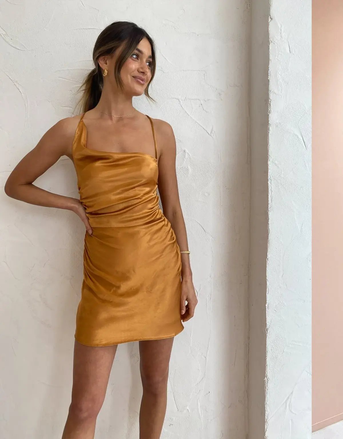 Shona Joy Alma Bias Cowl Mini Dress Turmeric Size 6 photo 2
