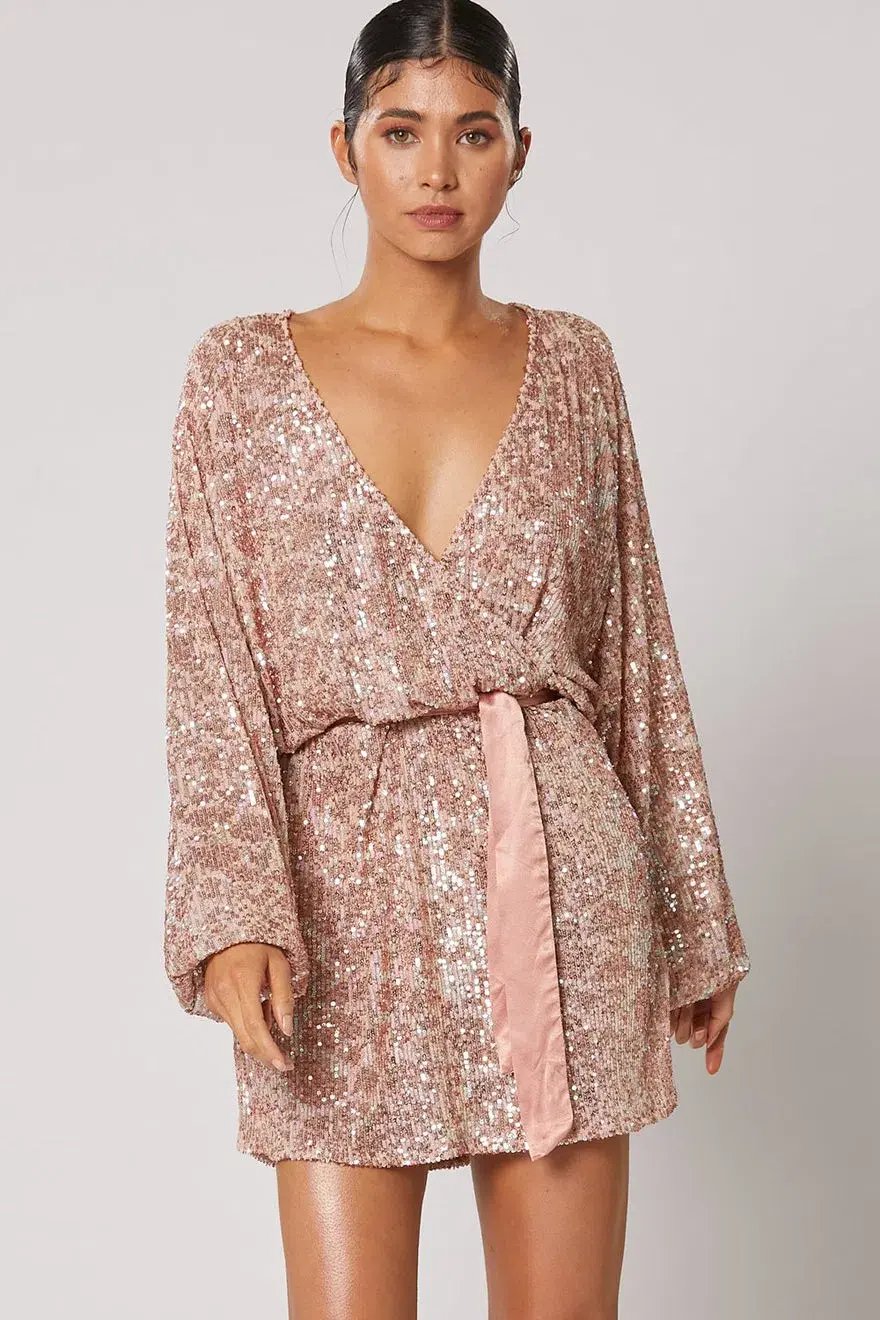 Winona Stellina Long Sleeve Dress Rose Gold Sequin Size M/ AU 10 photo 2