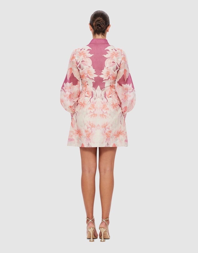Leo Lin Luminous Silk Linen Mini Dress - Orient Print In Hibiscus photo 2