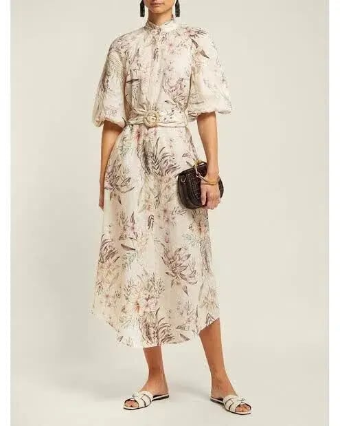 Zimmermann Wayfarer Puff Sleeve Linen Day Tea Shirt Dress Cream Floral Size 2 / AU 12 photo 4