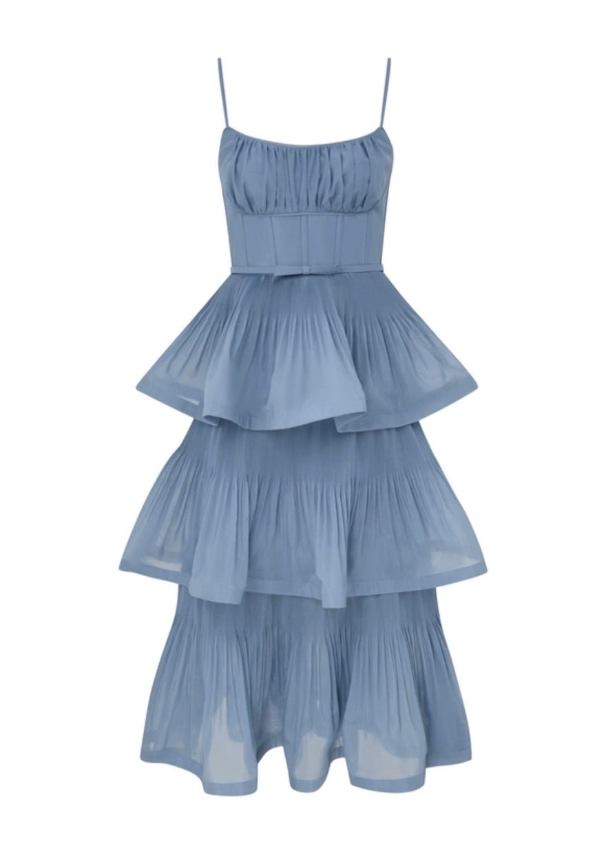 Zimmermann Pleated Tiered Midi Dress In Deep Blue photo 2