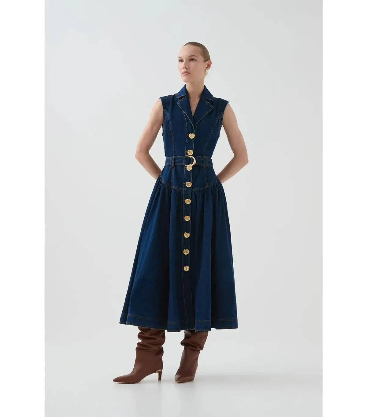 Aje Elena Belted Denim Midi Dress Dark Classic Wash Size AU 8 photo 2