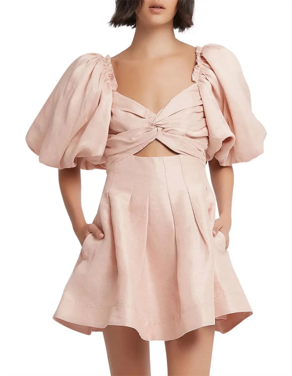 Aje Dusk Knot Puff Sleeve Mini Dress Blush Size 10 photo 4