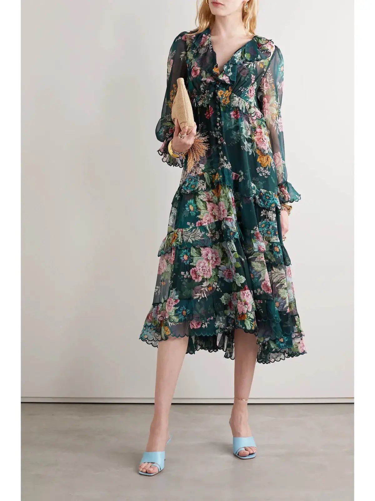 Zimmermann Wavelength Scallop Tiered Silk Chiffon Midi Dress Floral Print Size 0P / AU 6 photo 3