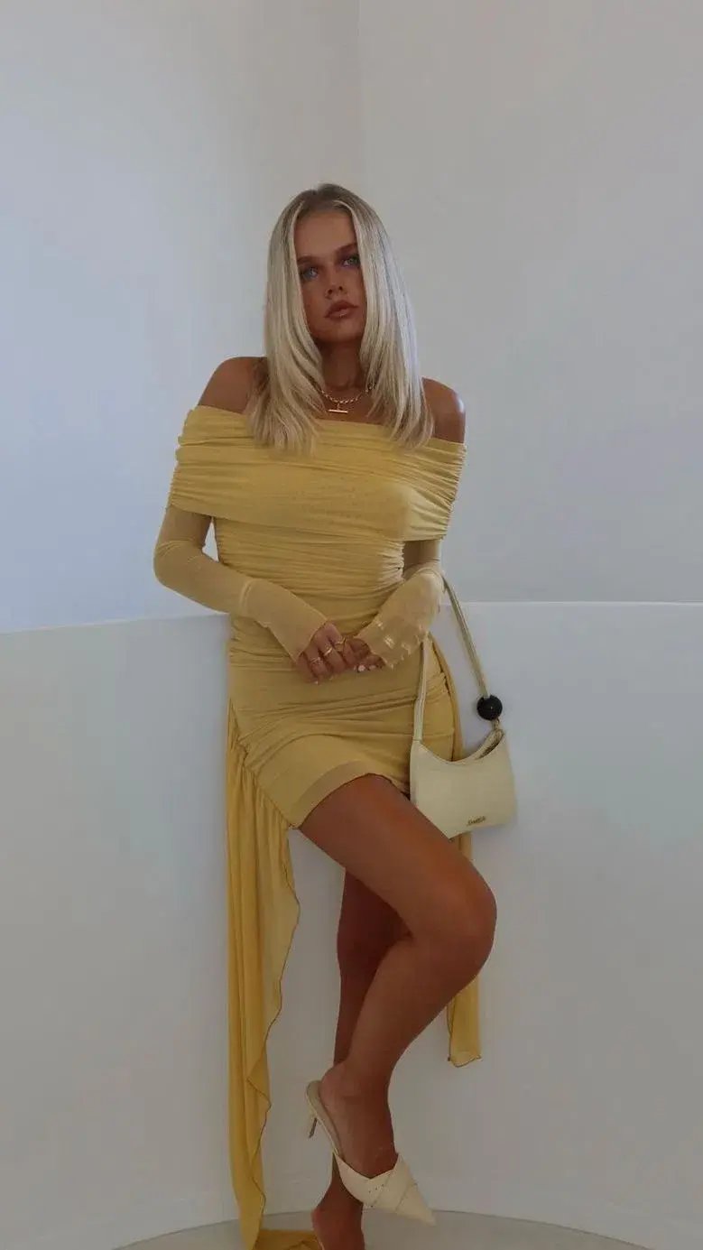 BENNI Yasmin Mini Dress Mustard Size AU 10 photo 4