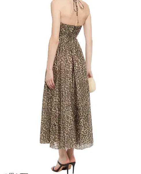 Zimmermann Ruched Leopard-Print Silk Halterneck Midi Dress Size 2/AU 12 photo 2