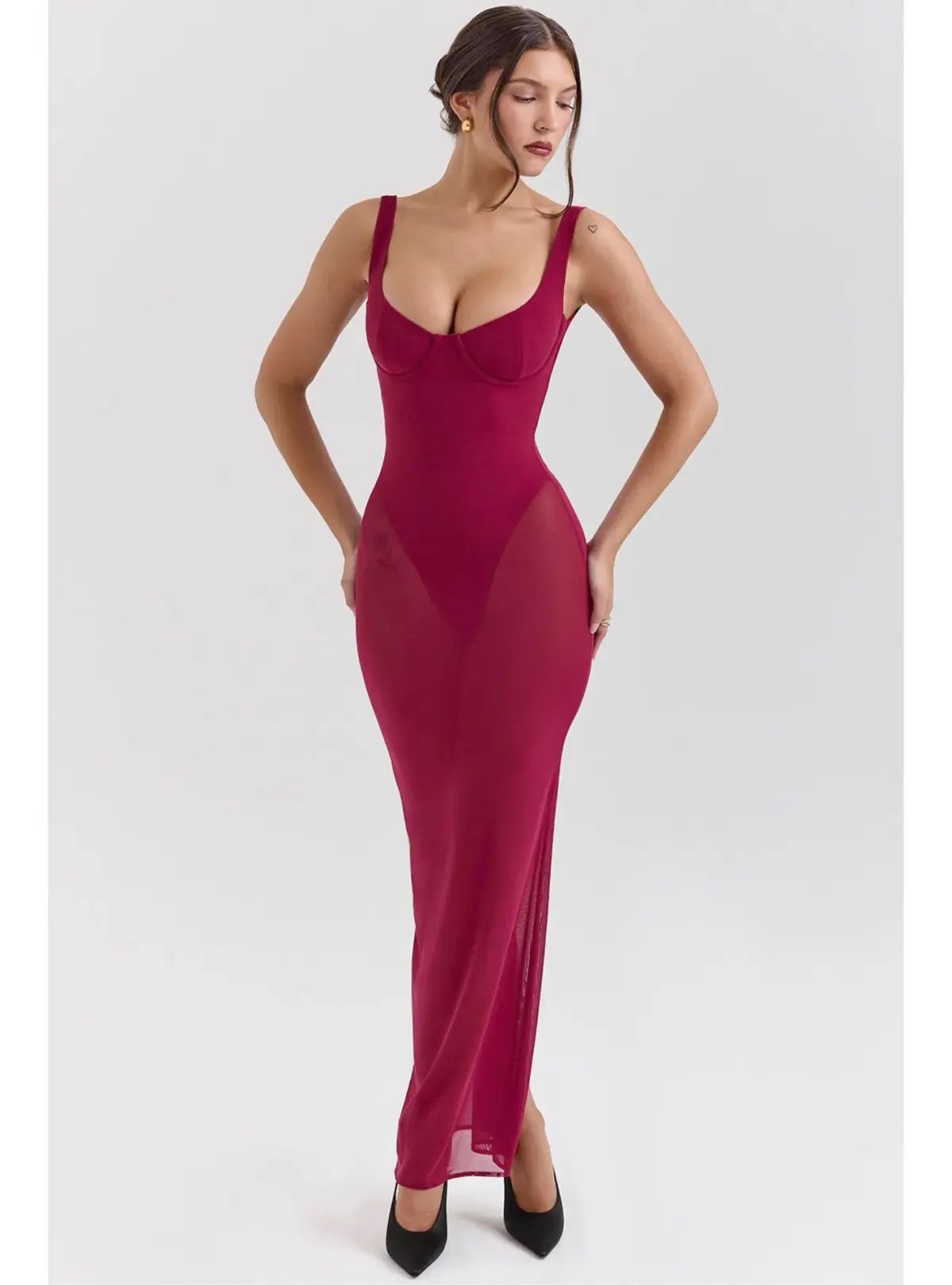 House of CB Robina Stretch Mesh Maxi Dress Wine Size S / AU 8 photo 3