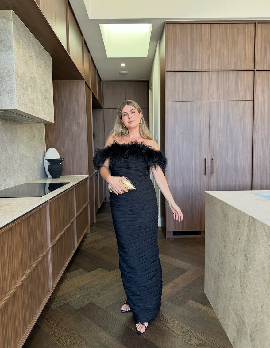 Rachel Gilbert Zion Feather Trim Ruched Gow, Black photo 3