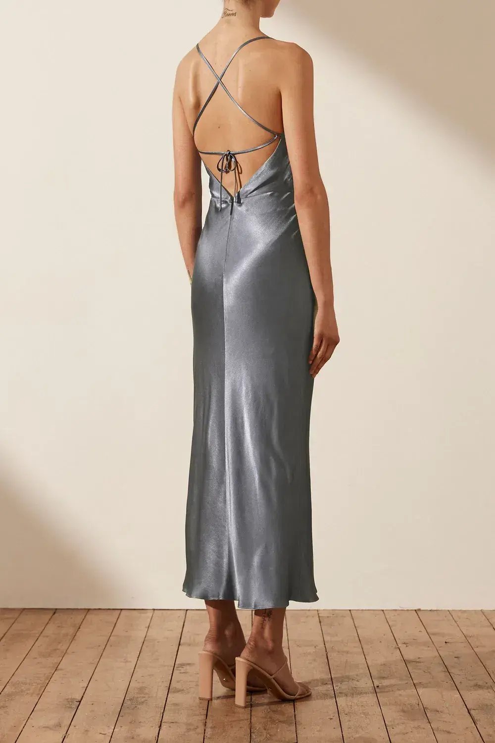 Shona Joy La Lune Asymmetrical Bias Cowl Midi Dress Blue Smoke Size 10 photo 2