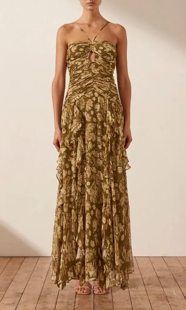 Shona Joy Rosaline Keyhole Frill Maxi Dress in Cumin Multi Size 6 photo 2