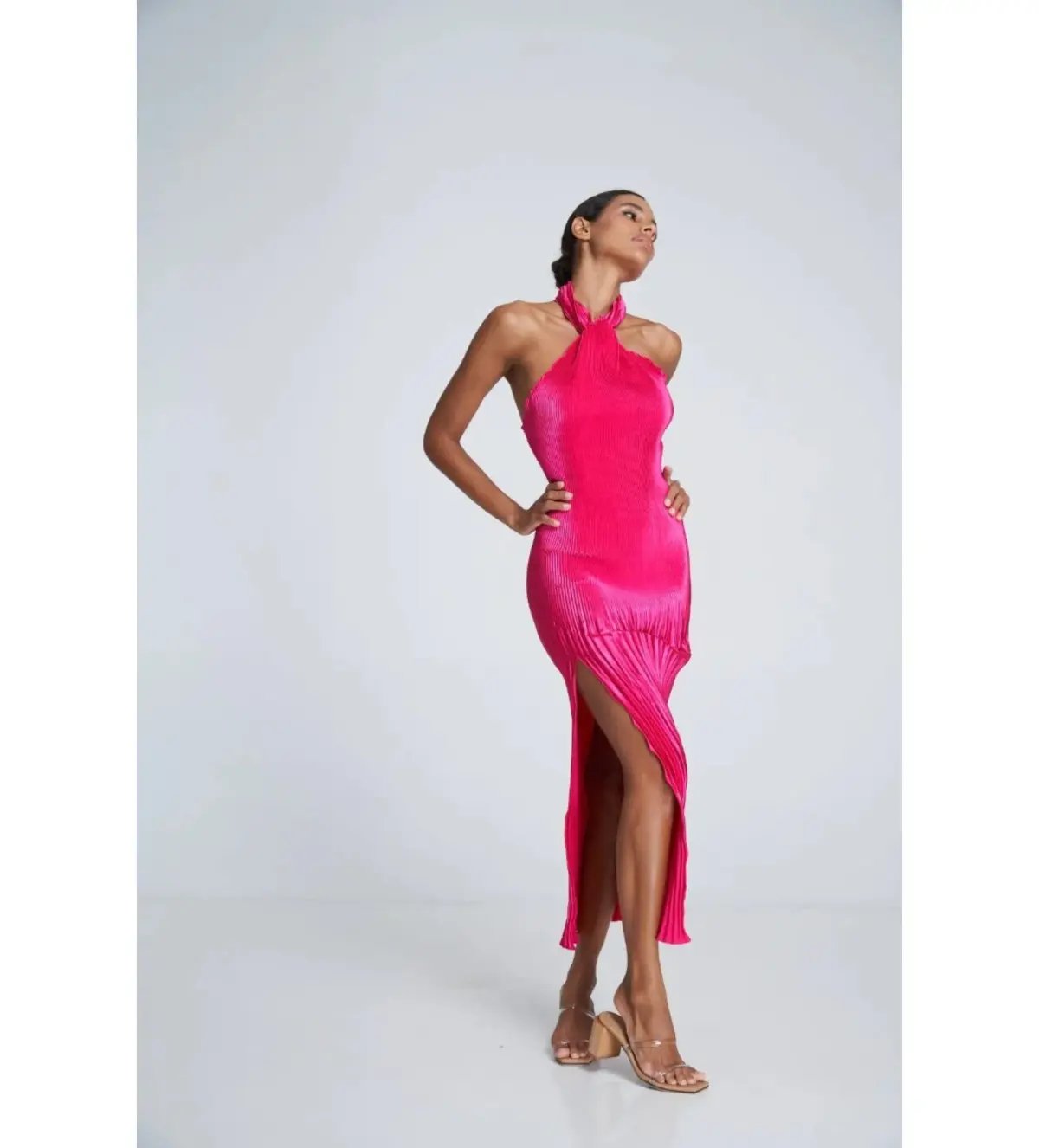 L'Idee Soiree Pleated Halter Gown Punch Hot Pink Size AU 12 photo 4