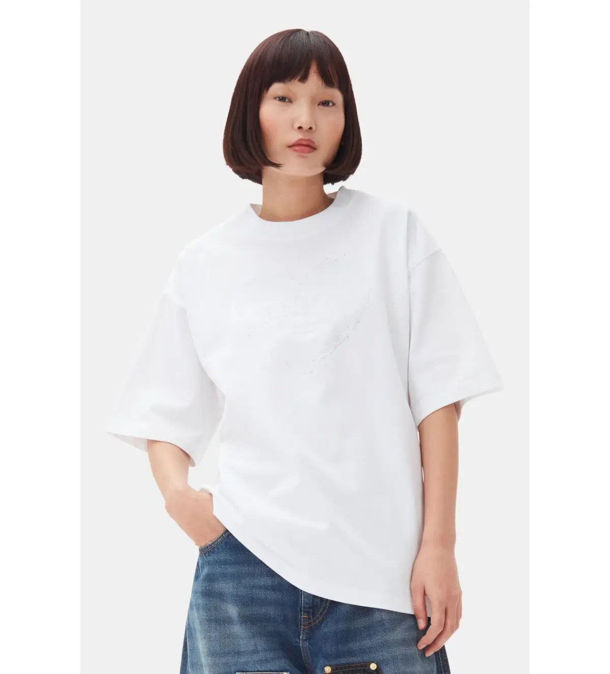 Ganni Heavy Cotton Drop Shoulder Heart T-shirt in White Size S/ AU 8 photo 2