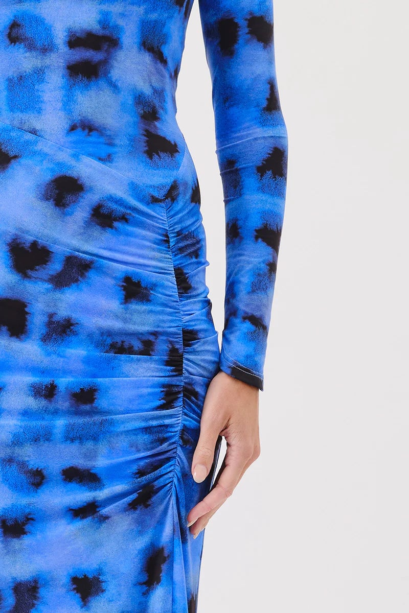 SUBOO SHIBORI LONG SLEEVE ROUCHED DRESS - BLUE PRINT photo 4