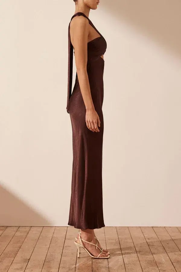 Shona Joy Lana Ruched Halter Midi Dress in Cocoa Size 14 photo 2